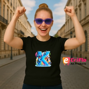 Tricou Alfabet Litera K cu Lilo si Stitch albastru, veselie mare, Mare, Negru, Unisex Dama si Barbat | Copii - Img 6