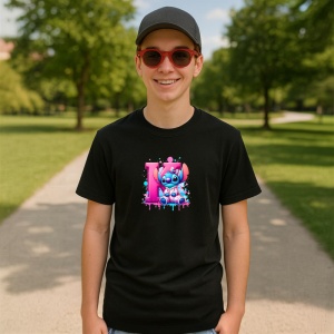 Tricou Alfabet Litera K cu Stitch Roz fericit, explozie de culori, Negru, Unisex Dama si Barbat | Copii - Img 4