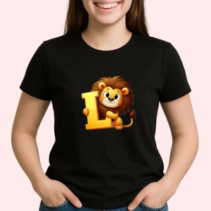 Tricou Alfabet Litera L cu animal Lion Leu, Negru, Unisex Dama si Barbat | Copii