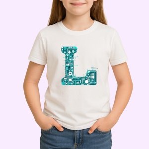 Tricou Alfabet Litera L cu circuite, cyber, tehnologie, Alb, Unisex Dama si Barbat | Copii