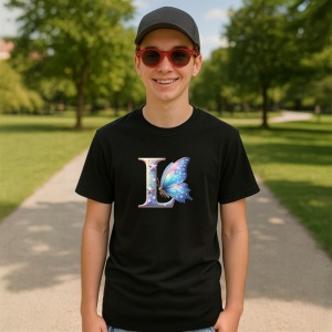 Tricou Alfabet Litera L cu fluturi colorati, stele aurii, flori colorate, Negru, Unisex Dama si Barbat | Copii - Img 4