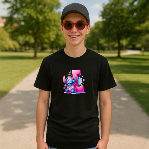 Tricou Alfabet Litera L cu Stitch Roz fericit, explozie de culori, Negru, Unisex Dama si Barbat | Copii - Img 4