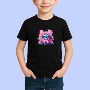 Tricou Alfabet Litera M cu Stitch Roz fericit, explozie de culori, Negru, Unisex Dama si Barbat | Copii - Img 2