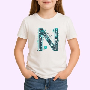 Tricou Alfabet Litera N cu circuite, cyber, tehnologie, Alb, Unisex Dama si Barbat | Copii - Img 2