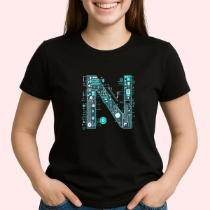 Tricou Alfabet Litera N cu circuite, cyber, tehnologie, Negru, Unisex Dama si Barbat | Copii