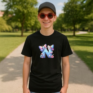 Tricou Alfabet Litera N cu fluturi colorati, stele aurii, flori colorate, Negru, Unisex Dama si Barbat | Copii - Img 4