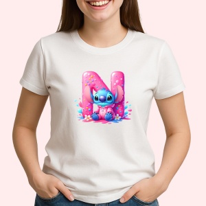 Tricou Alfabet Litera N cu Stitch Roz fericit, explozie de culori, Alb, Unisex Dama si Barbat | Copii