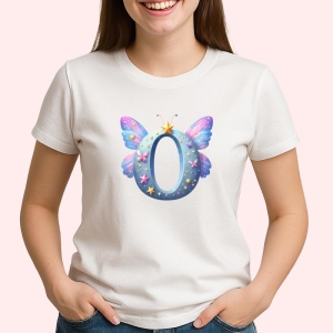 Tricou Alfabet Litera O cu fluturi colorati, stele aurii, flori colorate, Alb, Unisex Dama si Barbat | Copii