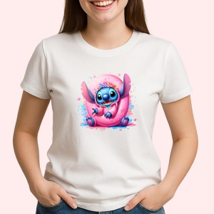 Tricou Alfabet Litera O cu Stitch Roz fericit, explozie de culori, Alb, Unisex Dama si Barbat | Copii