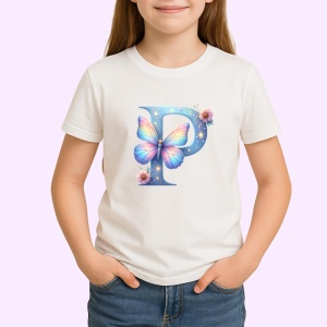 Tricou Alfabet Litera P cu fluturi colorati, stele aurii, flori colorate, Alb, Unisex Dama si Barbat | Copii - Img 2