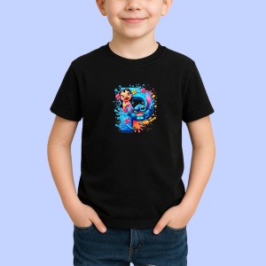 Tricou Alfabet Litera P cu Lilo si Stitch albastru, veselie mare, Mare, Negru, Unisex Dama si Barbat | Copii - Img 1