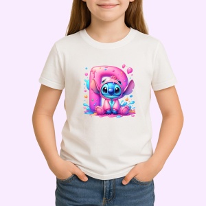 Tricou Alfabet Litera P cu Stitch Roz fericit, explozie de culori, Alb, Unisex Dama si Barbat | Copii - Img 2