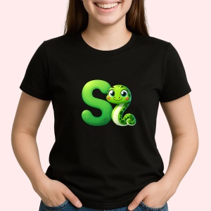 Tricou Alfabet Litera S cu animal Snake Sarpe, Negru, Unisex Dama si Barbat | Copii