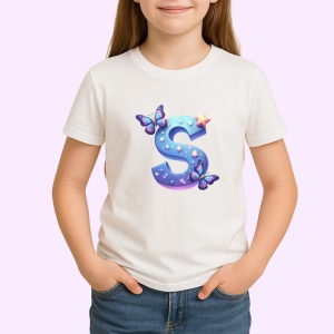 Tricou Alfabet Litera S cu fluturi colorati, stele aurii, flori colorate, Alb, Unisex Dama si Barbat | Copii - Img 2