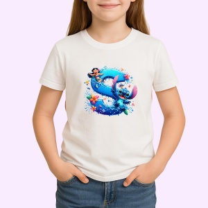 Tricou Alfabet Litera S cu Lilo si Stitch albastru, veselie mare, Alb, Unisex Dama si Barbat | Copii - Img 2