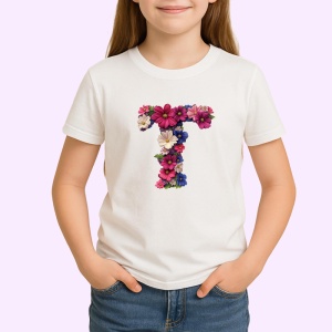 Tricou Alfabet Litera T cu flori, margarete, flori colorate, Alb, Unisex Dama si Barbat | Copii - Img 2