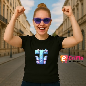 Tricou Alfabet Litera T cu fluturi colorati, stele aurii, flori colorate, Negru, Unisex Dama si Barbat | Copii - Img 3