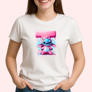 Tricou Alfabet Litera T cu Stitch Roz fericit, explozie de culori, Alb, Unisex Dama si Barbat | Copii