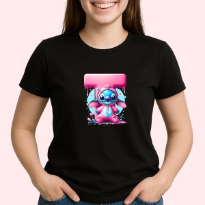 Tricou Alfabet Litera T cu Stitch Roz fericit, explozie de culori, Negru, Unisex Dama si Barbat | Copii