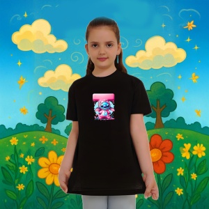 Tricou Alfabet Litera T cu Stitch Roz fericit, explozie de culori, Negru, Unisex Dama si Barbat | Copii - Img 6