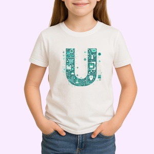 Tricou Alfabet Litera U cu circuite, cyber, tehnologie, Alb, Unisex Dama si Barbat | Copii - Img 2