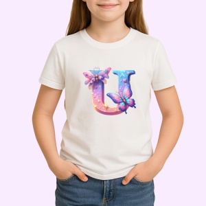 Tricou Alfabet Litera U cu fluturi colorati, stele aurii, flori colorate, Alb, Unisex Dama si Barbat | Copii - Img 2