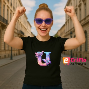 Tricou Alfabet Litera U cu fluturi colorati, stele aurii, flori colorate, Negru, Unisex Dama si Barbat | Copii - Img 3