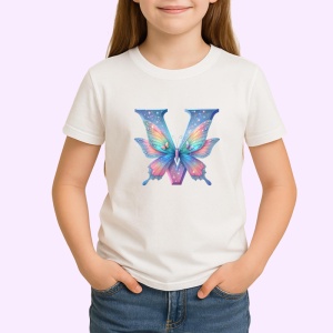 Tricou Alfabet Litera V cu fluturi colorati, stele aurii, flori colorate, Alb, Unisex Dama si Barbat | Copii - Img 2