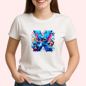 Tricou Alfabet Litera X cu Lilo si Stitch albastru, veselie mare, Alb, Unisex Dama si Barbat | Copii