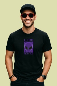Tricou Aliens Arent Real Portret Extraterestru Mov, din bumbac 100%, tricou negru Copii | Dama | Barbat