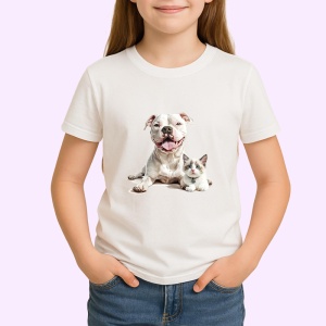 Tricou American Pitbull Terrier si pisica Ragdoll prieteni adorabili pe fundal albastru Copii | Dama | Barbat Barbat - Img 4