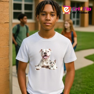 Tricou American Pitbull Terrier si pisica Ragdoll prieteni adorabili pe fundal albastru Copii | Dama | Barbat Barbat - Img 5