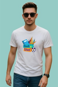 Tricou Back To School Rechizite Scolare Colorate, din bumbac 100% , tricou alb pentru Copii | Dama | Barbat - Img 3