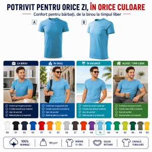 Tricou Bărbat Basic Free, 100% Bumbac, Guler Rotund, Croială Tubulară, S–3XL, 18 Culori - Img 4