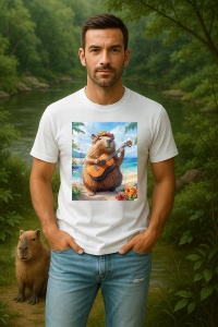 Tricou Barbat CapyBara - Canta la chitara Ukulele pe o plaja in Hawaii - Img 2