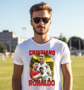 Bărbat purtând un tricou alb personalizat cu un design dedicat lui Cristiano Ronaldo, incluzând imagini multiple ale fotbalistului în acțiune, cu numele său scris în roșu pe un fundal auriu, fotografiat pe un stadion.