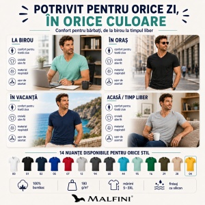 Tricou Bărbați cu Guler în V, 100% Bumbac, Slim Fit, 180 g/m², 14 Culori, Mărimi S–3XL - Img 4