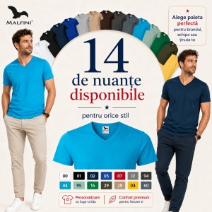 Tricou Bărbați Malfini 146 cu Guler în V, Premium, 100% Bumbac, Slim Fit, 180 g/m², S 3XL, 14 Culori