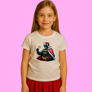 Tricou Batman Christmas Cu Mantie Rosie, din bumbac 100%, tricou alb, Copii | Dama | Barbat - Img 2