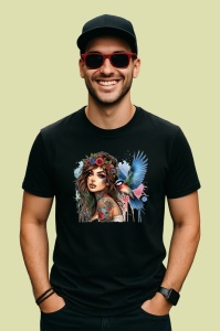 Tricou Bird on shoulder tattooed woman, femeie tatuata cu pasare pe umar, Copii | Dama | Barbat , tricou negru - Img 3