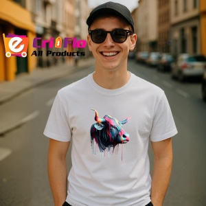 Tricou Bivol psihedelic cu vopsea lichida fundal alb Copii | Dama | Barbat
