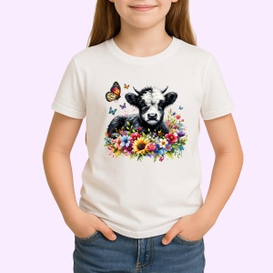 Tricou black white cow flower field, vaca alb negru in camp cu flori, Copii | Dama | Barbat - Img 3