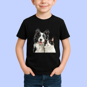 Tricou Border Collie si pisica alb negru dragoste si armonie Copii | Dama | Barbat, negru