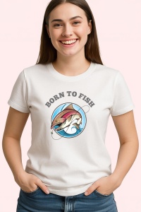 Tricou Born To Fish, din bumbac 100%, tricou alb, Dama | Barbat