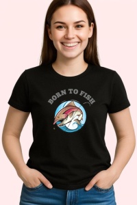 Tricou Born To Fish Ilustratie Peste Si Undita, din bumbac 100%, tricou negru Dama | Barbat - Img 2