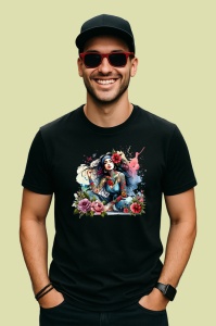 Tricou Butterfly girl pink hair coffee, fata par roz fluturi si cafea, Copii | Dama | Barbat , tricou negru - Img 3