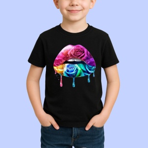 Tricou Buze cu trandafir roz si stropi mov, Lip gloss, Copii | Dama, culoare negru - Img 2