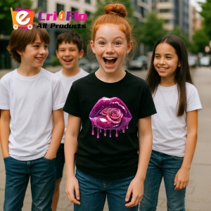 Tricou Buze cu trandafir roz si stropi mov, Lip gloss, Copii | Dama, culoare negru - Img 6