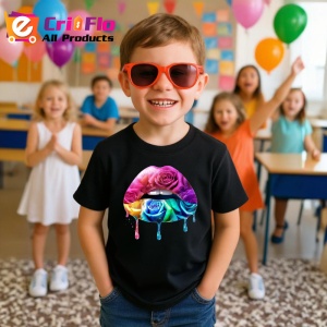 Tricou Buze cu trandafir roz si stropi mov, Lip gloss, Copii | Dama, culoare negru - Img 11