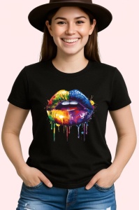 Tricou Buze curcubeu cu efecte de vopsea fundal albastru Copii | Dama | Barbat, culoare negru - Img 3